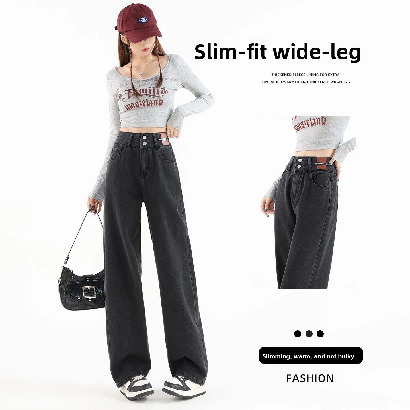 

Thiened Fce High Waist Straight Leg Jeans Women Winter Faion Warm Slim Fit Floor Length Wide Leg Pants