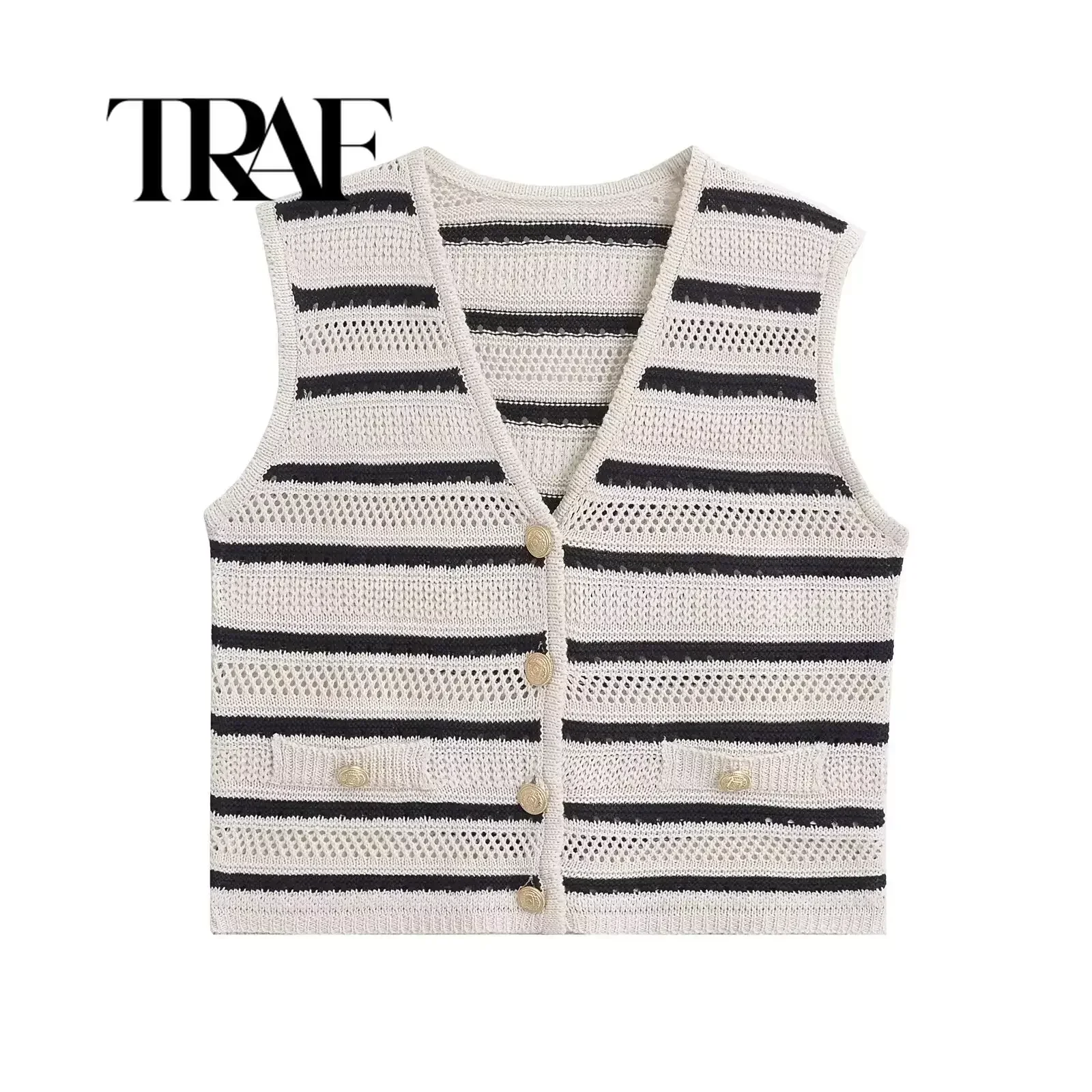 TRAF Striped Knit Short Tank Top Women Summer Sleeveless V Neck Button Pockets Decoration Sexy Highstreet Elastic Slim Top