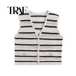 TRAF Striped Knit Short Tank Top Women Summer Sleeveless V Neck Button Pockets Decoration Sexy Highstreet Elastic Slim Top