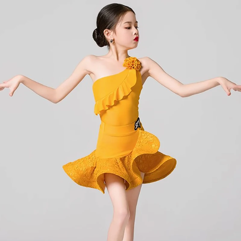 Kinder Mädchen One Shoulder Latin Dance Kleid Body Swing Rock Ballsaal Rumba Dancewear Training Chacha Performance Kostüme