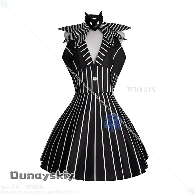 أنيمي أنشطة الهالوين حفلة تأثيري Skully Genderswapped أسود أبيض مخطط بلا أكمام عارية الذراعين فستان قصير {هيميرا} لوليتا #6
