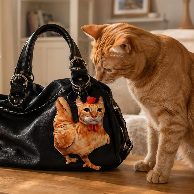 Funny Cat Head Rooster Plush Keychain 3D Realistic Printed Stuffed Animal Soft PP Cotton Filling Novelty Bag Charm Metal Chain