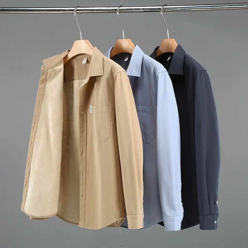 

Новые мужские зимние рубашки в японском стиле, утепленная рубашка-карго, мужская флисовая рубашка цвета хаки с лацканами и пуговицами, простая теплая одежда