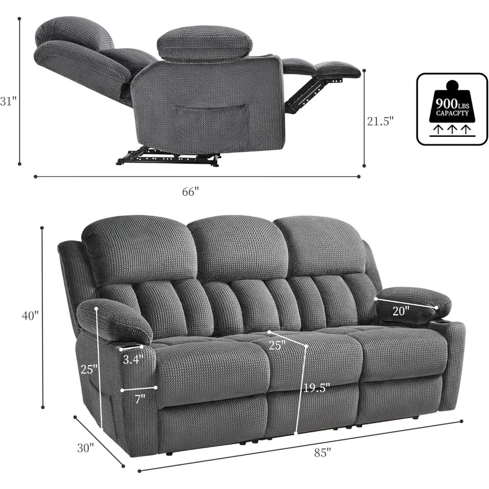 Recliner Couch, 3 Seater Sofa Recliner with Cup Holders for Living Room- 85 inch Comfy Couch with Dual Wingback Recliner, Grey