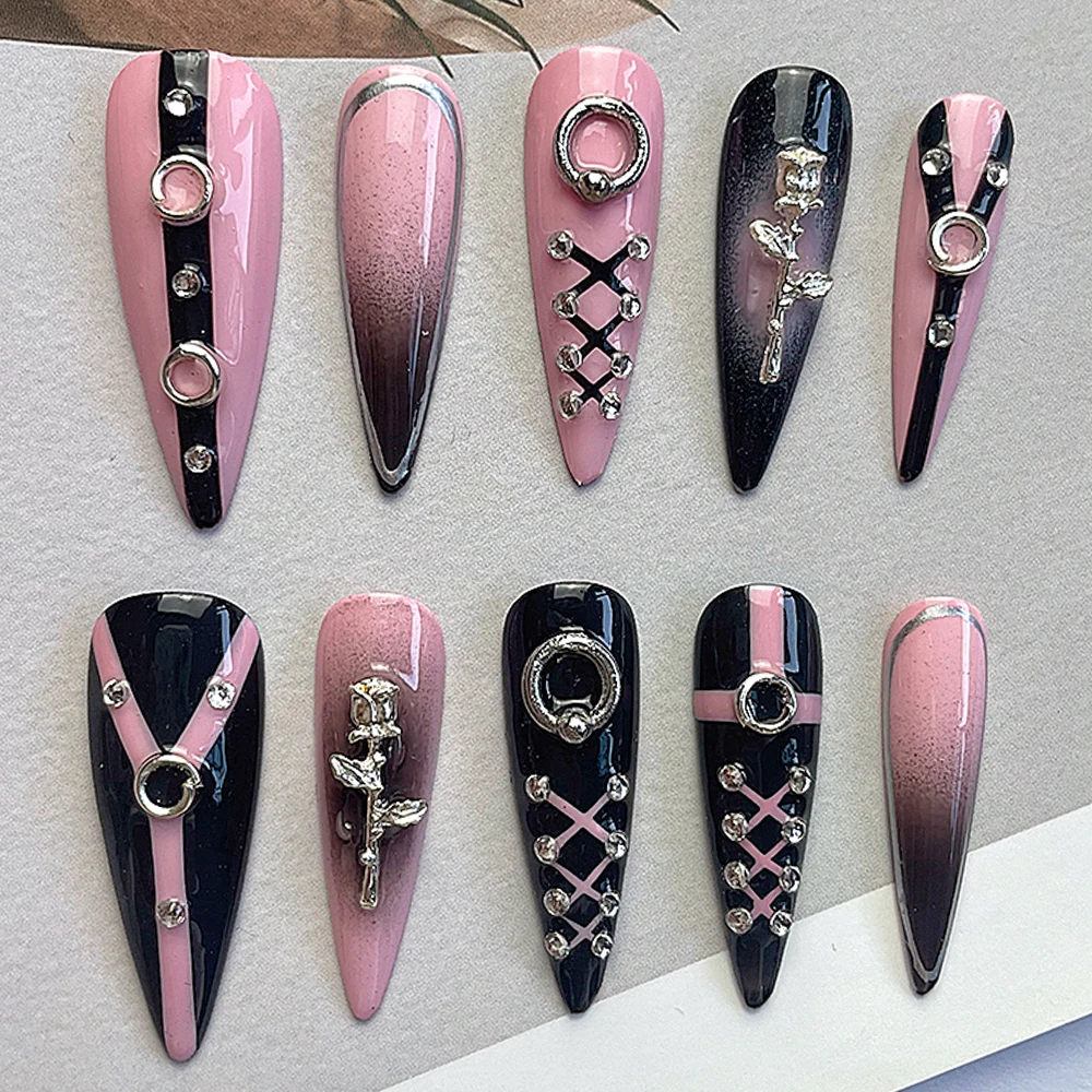 Y2K Sweet Cool Black Pink Long Almond False Nails 3D Butterfly Sparkling Diamond Industry Design Fake Nail Bracelet Ring Set