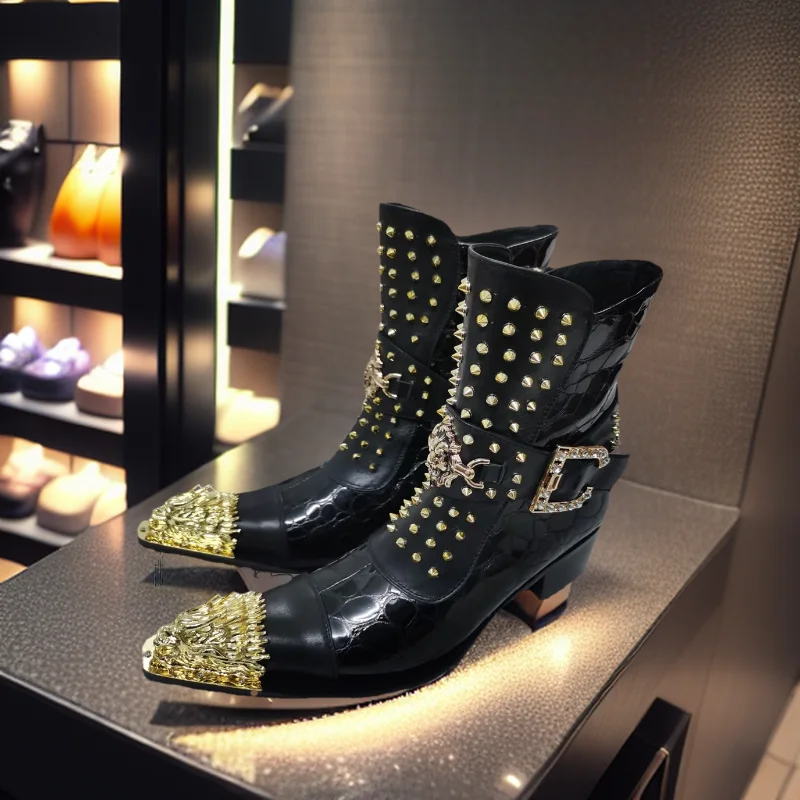 Spring High heel Men\'s boots Pointed Rivet Belt buckle Genuine Leather Model Catwalk Luxury Increase social contact high boots