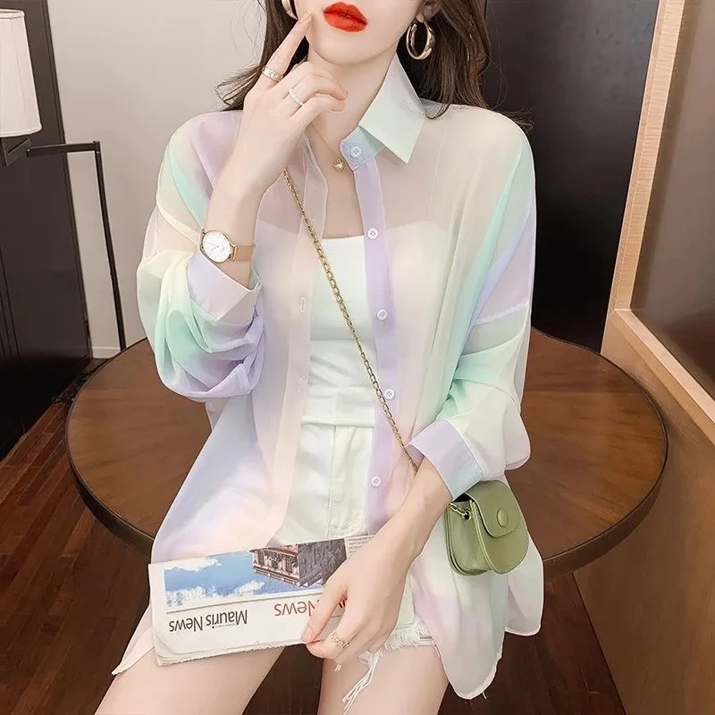 Colorful Sun-Protective Clothing Women Color-Matching Shirt Chiffon Sun-Protective Clothing 2024 New Summer Loose Chiffon Shirt