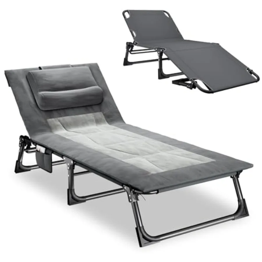 

Folding Camping Cot for Adults: Gray Aluminum Frame with Polyester Mattress Pillow, 4-Position Reclining Lounge Chair for Sleep