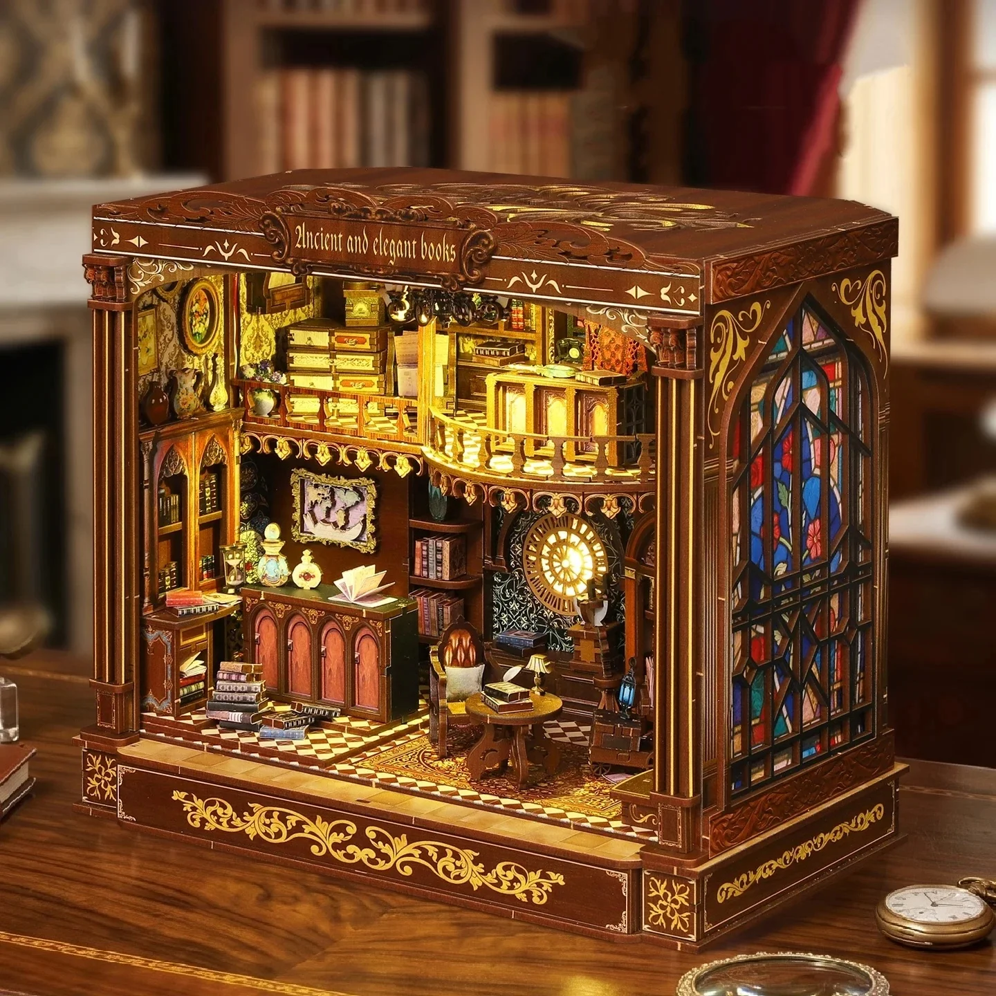DIY Wooden Retro Ancient Library Cottage Figurines Miniatures Kits Assembled Casa for Friends Birthday Gifts Home Decor Crafts