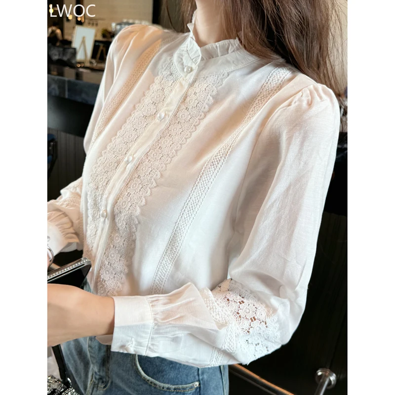 Floral évider Crochet dentelle hauts Blusas 2025 mignon doux filles Chic corée vêtements col montant rétro Vintage femmes chemise blanche