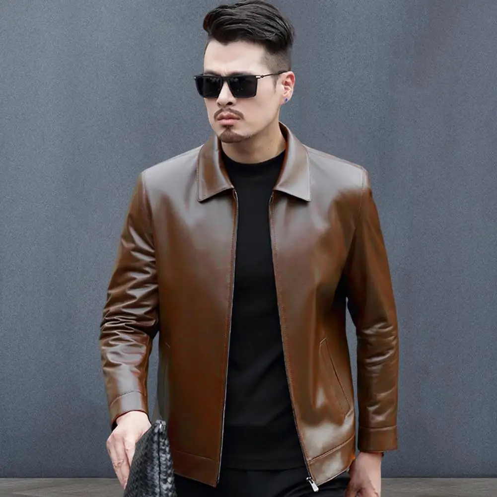 Jaket kulit imitasi Slim Fit pria, jaket kulit imitasi desain Lapel, jaket kulit palsu Slim Fit untuk musim semi