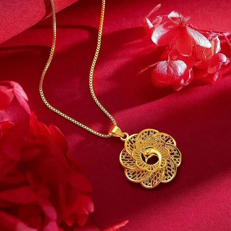 

9999 real gold 24K yellow gold Vintage Peacock Necklace Collarbone Necklace Pendant