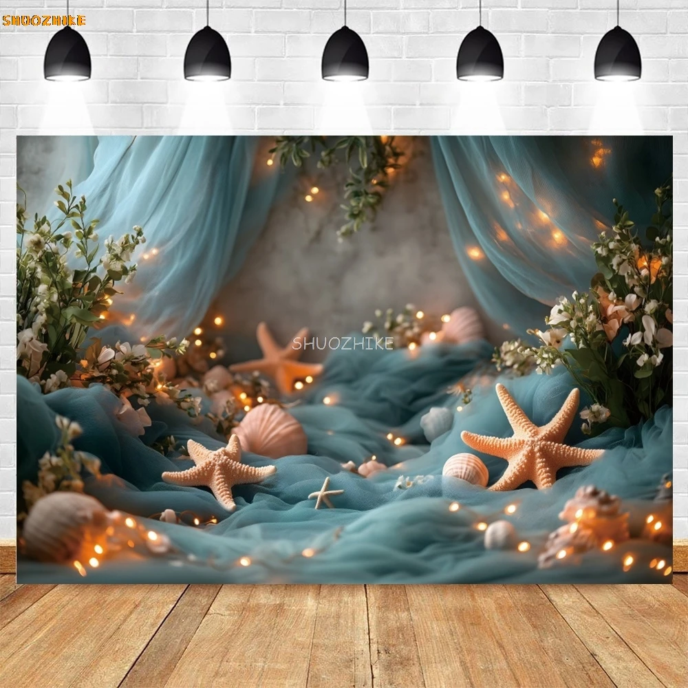 Fondo de escena del mundo submarino azul, estrella de mar, Coral, algas marinas, Baby Shower, fiesta de cumpleaños, retrato de niño, decoración de fondo de fotografía