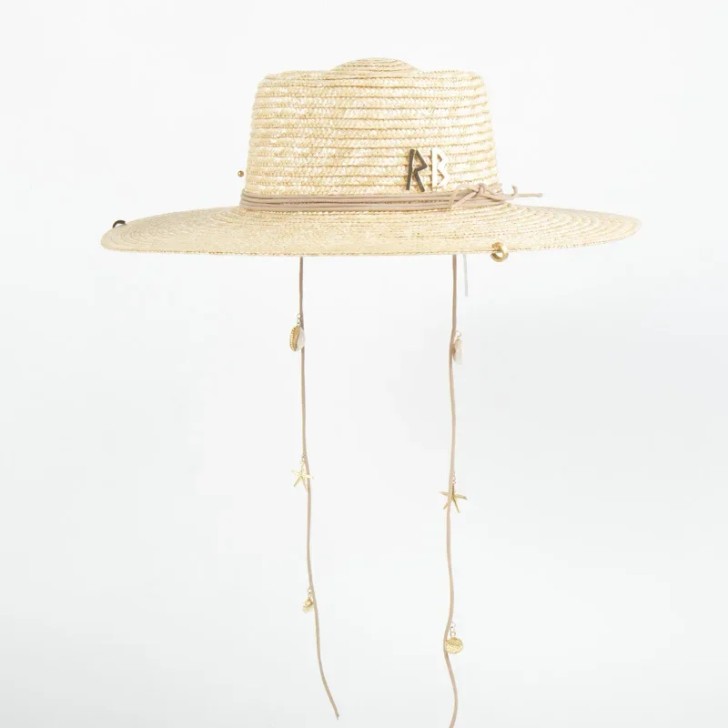 قبعة شمس أنيقة من القش بعامل حماية من الأشعة فوق البنفسجية 50+ مع إطار معدني وحزام ذقن قابل للتعديل - قبعة شاطئ صيفية قابلة للطي للنساء