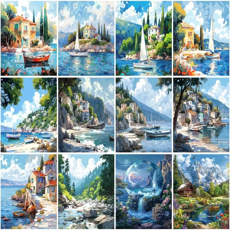 CHENISTORY Paint By Number Scenery Of Seaside HousesDIY Pictures By Numbers HandPainted Drawing On Canvas Gift Kits Home Decor