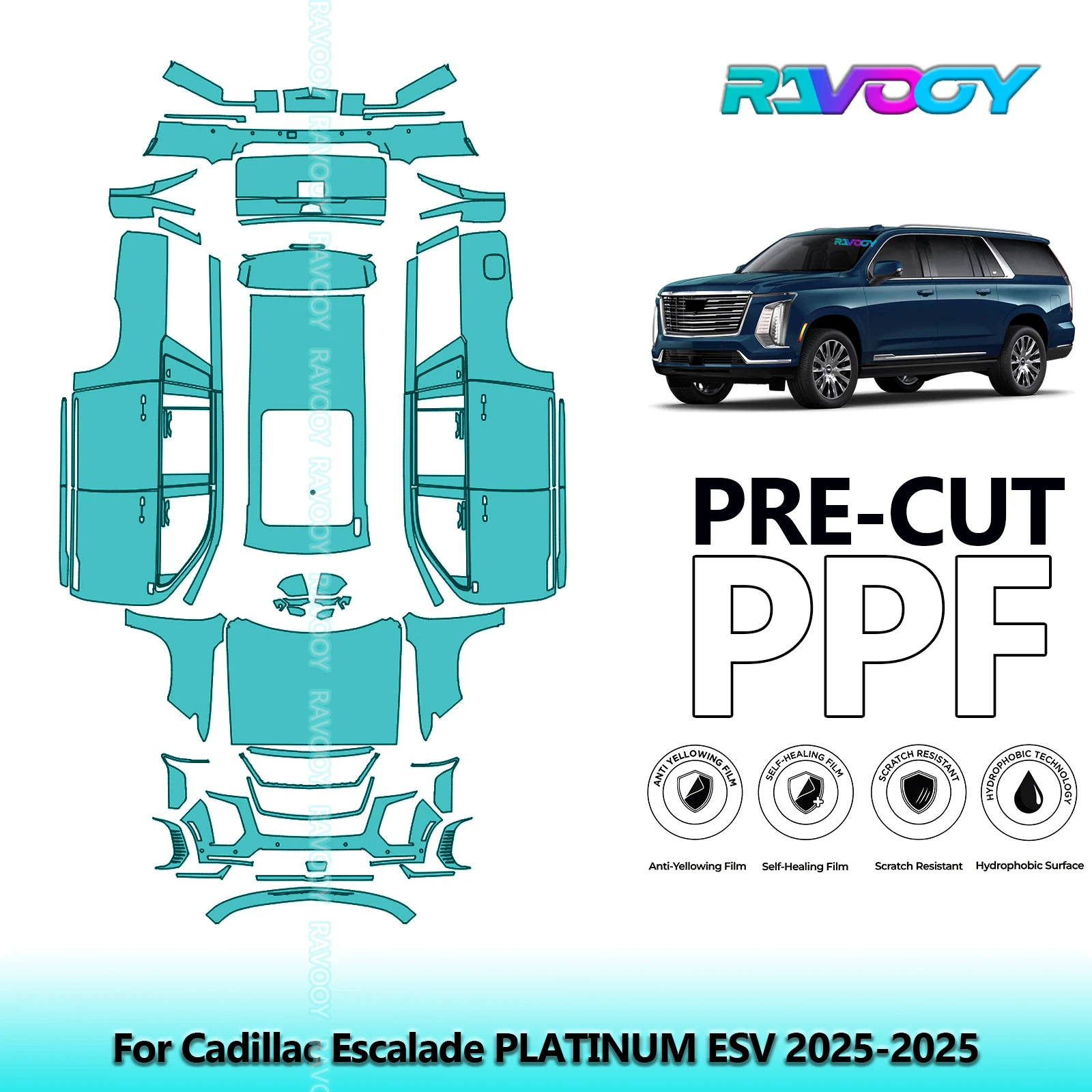 

Автомобильный предварительно вырезанный PPF полный автомобиль для Cadillac Escalade PLATINUM ESV 2025-2025, прозрачный бюстгальтер