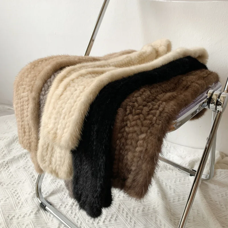 Mink Fur Scarf Women Long Style Warm Fur Neck Shawl Winter Fashion Solid Black Natural Fur Scarf Handmade Knitted Fur Shawl