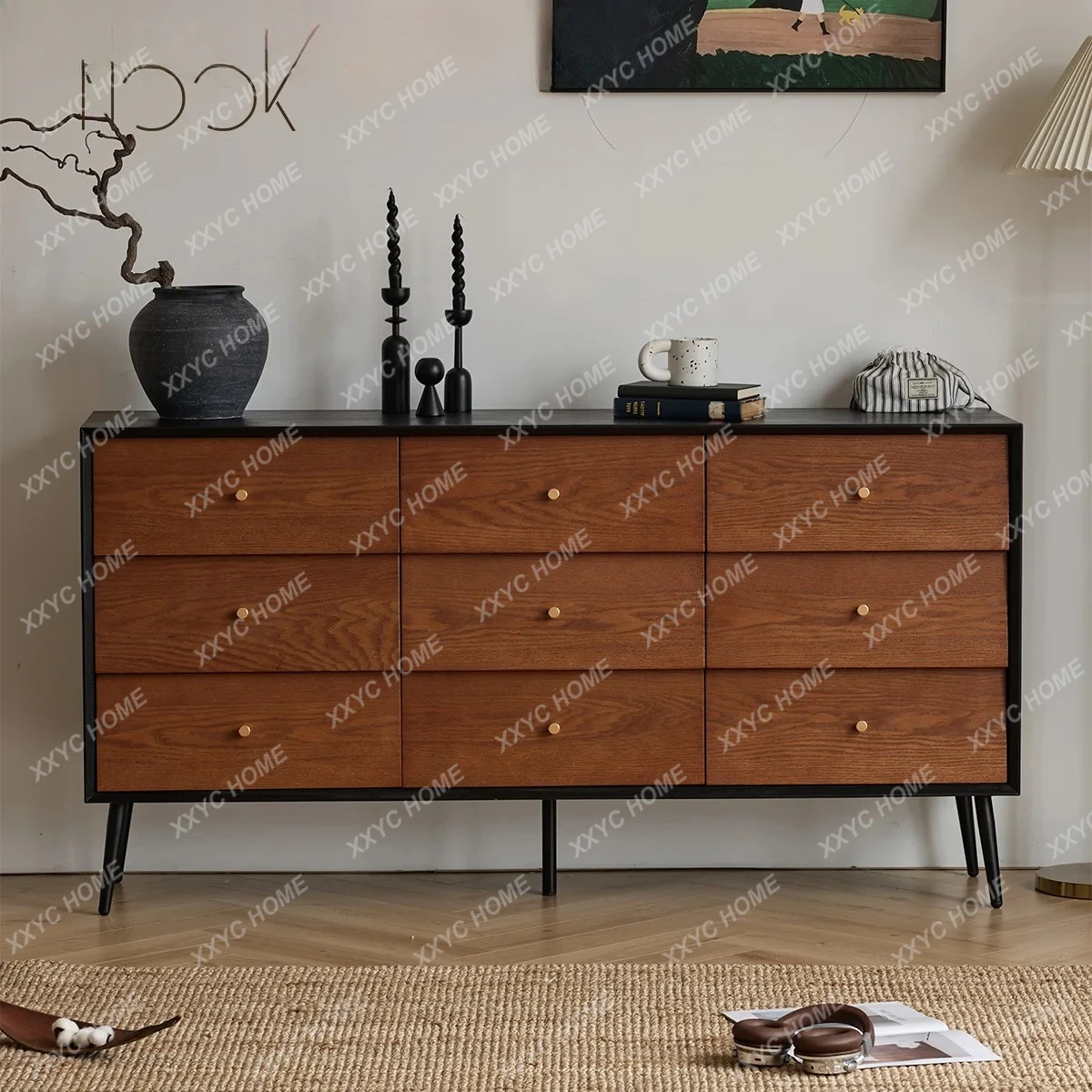LMedieval solid wood nine-chest cabinet, bedside storage, living room, dining side entrance cabinet