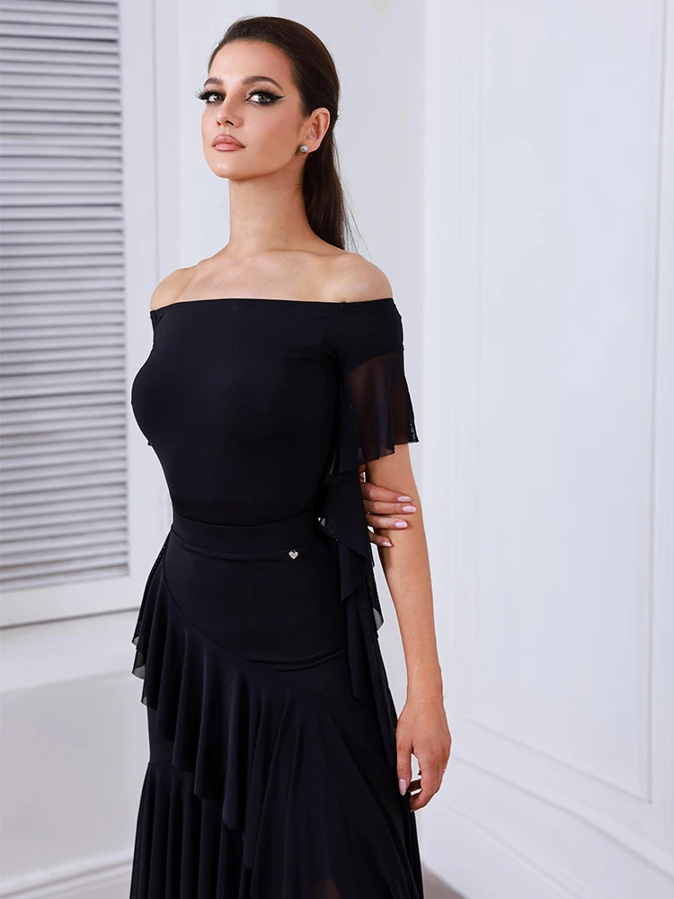 2025 schwarz Ballroom Dance Kleid Standard Modern Dance Kleidung Frauen Walzer Leistung Tragen Off Schulter Body Rock AMY 2555