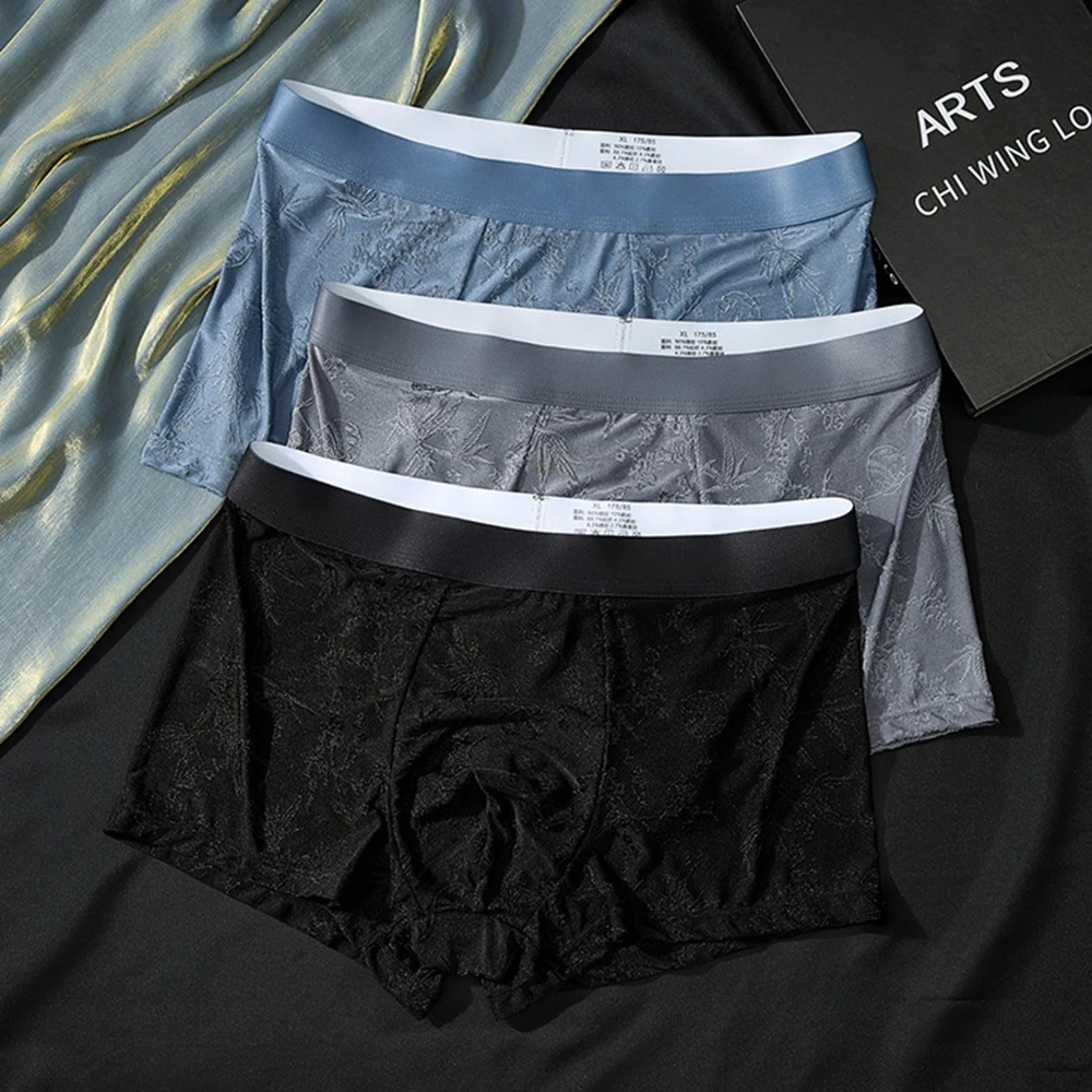  1/3 PCS Fashion Jacquard Embossed Underwear Summer Cool Ice Silk Men's Panties Antibacterial Breathable Mesh 3D Crotch Boxers
