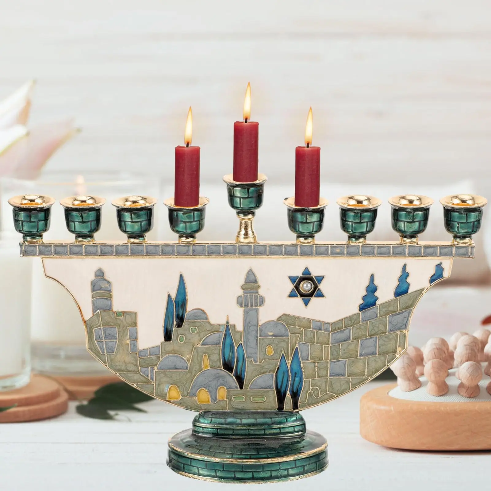 9 Branch Hanukkah Menorah Jerusalem Metal Enamel Candle Holder Vintage Judaica Chanukah Table Centerpiece Craft Ornament Gift