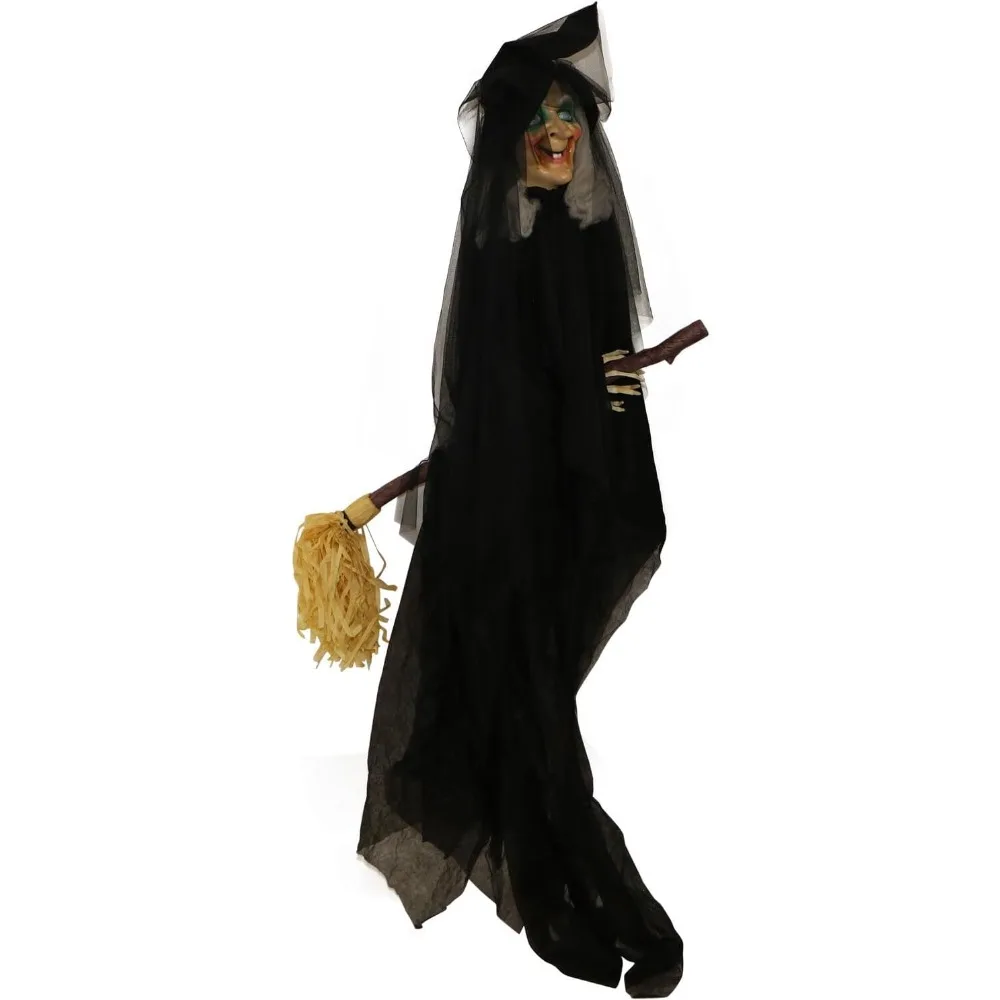 Witch on Broom Animatronic, Halloween Prop with 4 Voice Greetings, Animated Head, Flashing Red Eyes, Touch Activated