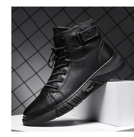 Martini Black Leather Boots Mens Fashion Causal Shoes Black Casual Male Shoe Sneaker Man Loafers Spring Winter Boots Men Leather