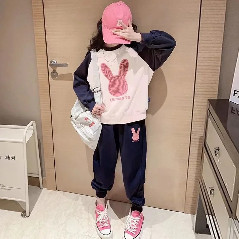 2024 Spring Autumn Girls Clothing Set Cartoon Rabbit Pattern Sports Top +Pants 2Pcs For 4-14Y Teen-agers Kids Casual Suit