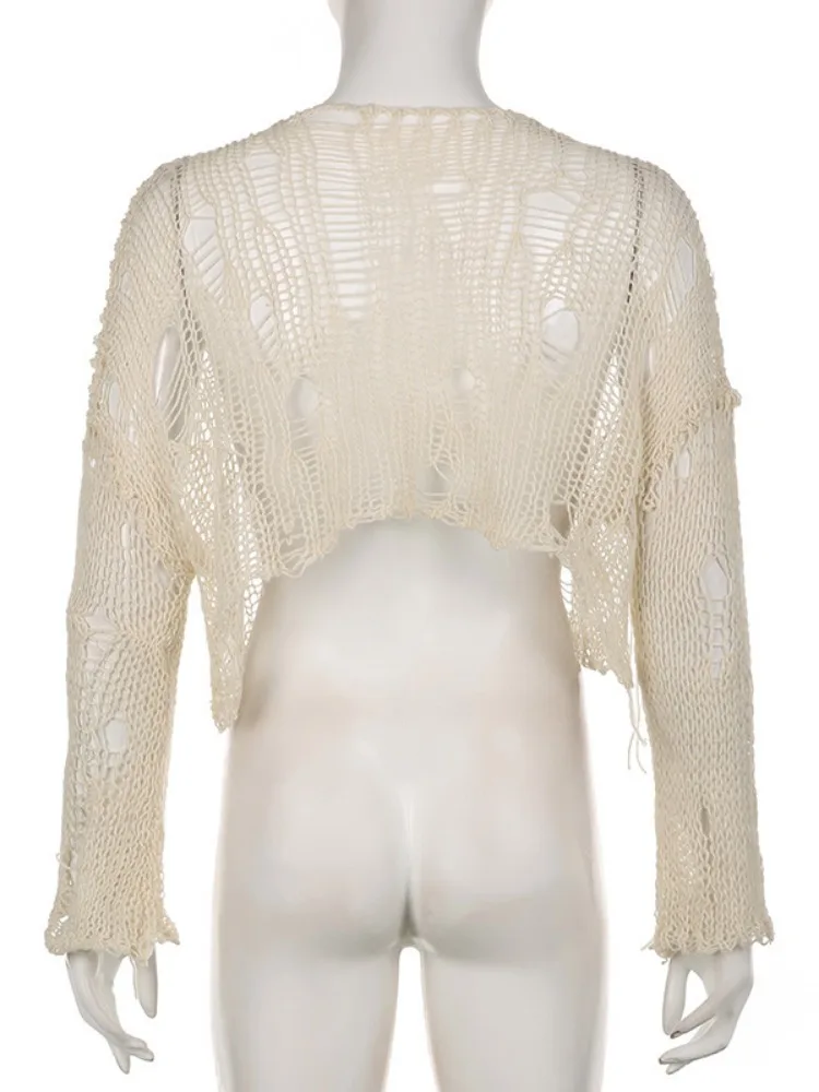 QWEEK Y2k Vintage White Knit Sweater Women Aesthetic Crop Pullover Off Shoulder 2000s Sexy Grunge Fairycore Top Hollow Out Smock