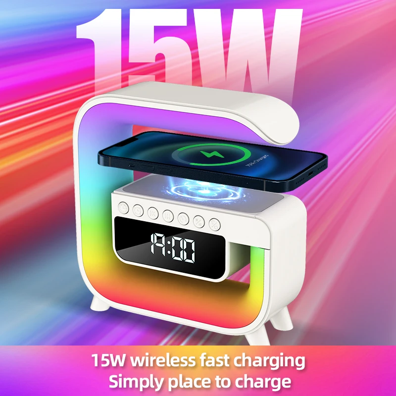 Mini Multifunction Wireless Charger Pad Stand Speaker TF RGB Night Light Fast Charging Station for iPhone Samsung Xiaomi Huawei