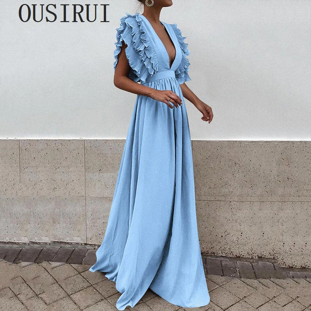 

Formal Party Dresses Women Classic Deep V-Neck Long Dress Solid Color Fashion Flying Sleeves Backless Maxi Evening Dresses Robe