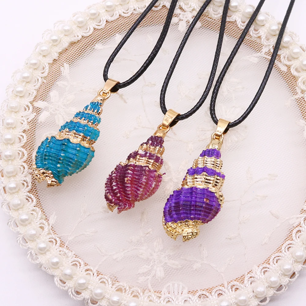 Vintage Natural Shell Pendant Necklace with Colorful Conch Skin Rope for Women's Summer Beach Handmade Jewelry Making Necklace