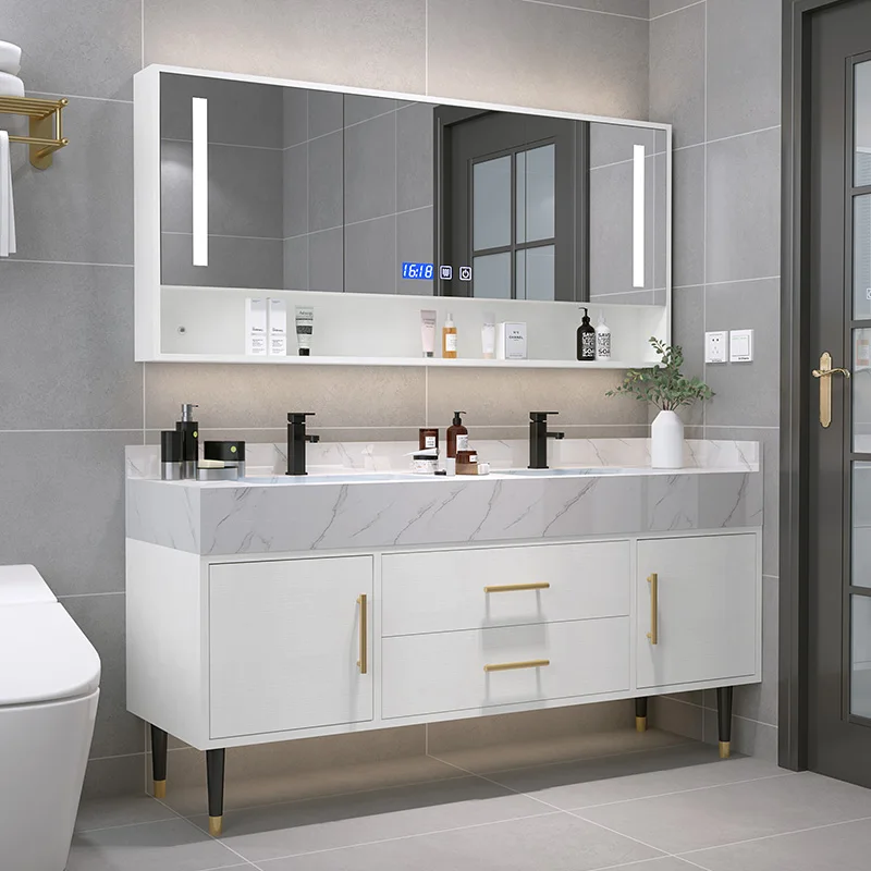 Modern Bathroom Vanity with Double Sink Solid Wood Bathroom Cabinet with 2 Drawers Household Toilet  Bathroom Vanity Furniture