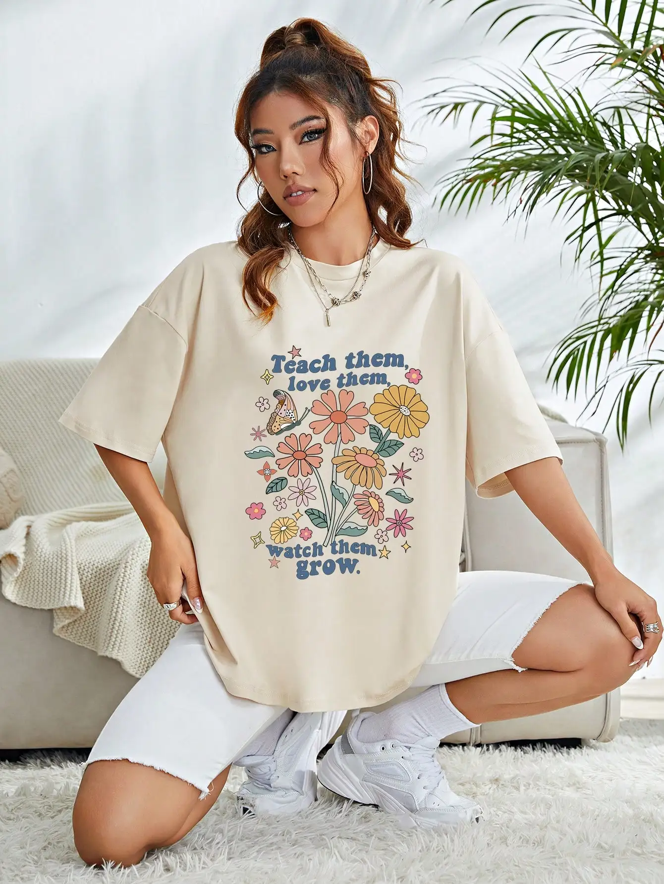 Teach Them Watch Them Grow Butterflies And Flowers T-Shirt Women Street Summer Tshirts Cotton Tee Clothing Casual Short Sleeve