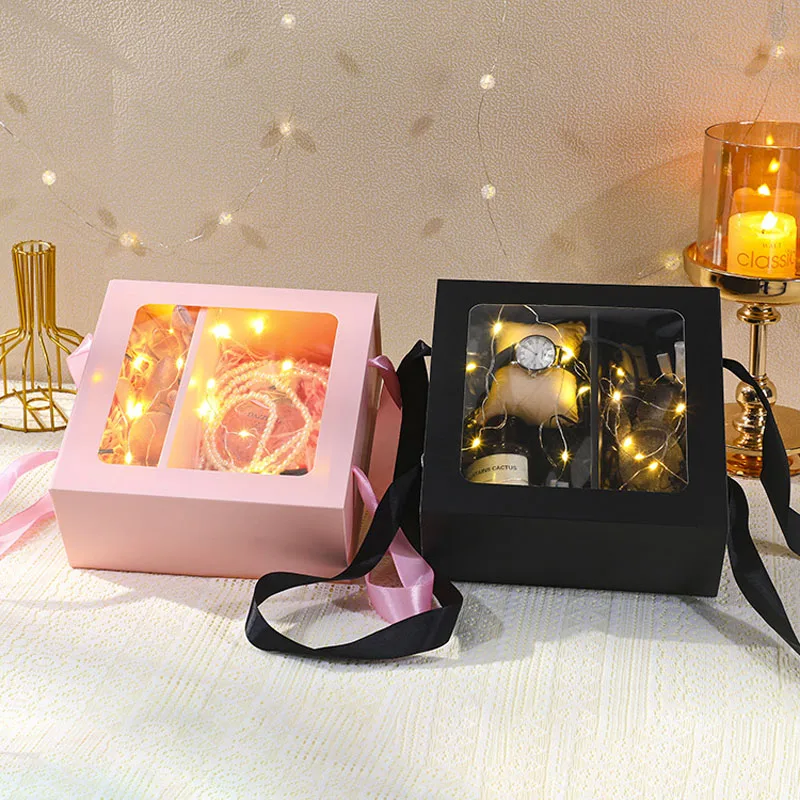 Flower Gift Box With Handle Transparent PVC Window Square Portable Rose Candy Dessert Packaging Box Wedding Party Present Decor