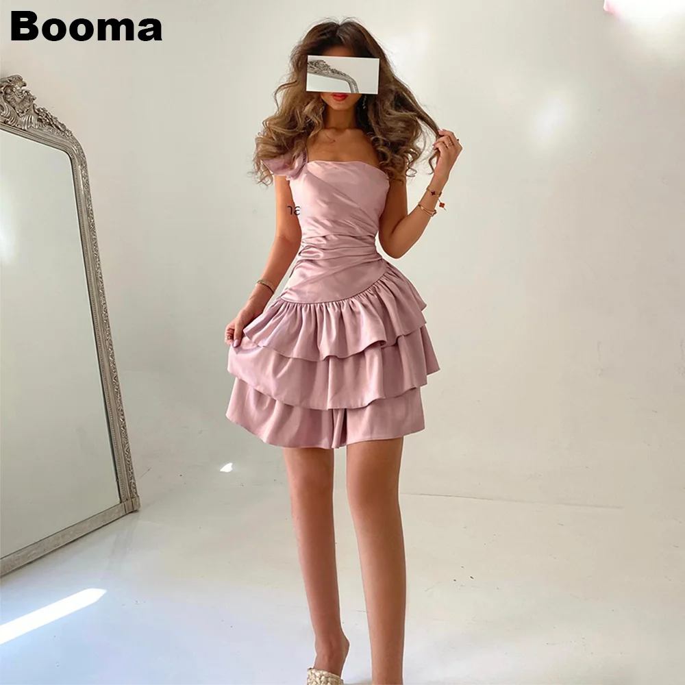 

Booma Short Prom Dresses One Shoulder Pleats Tiered Stain Cocktail Dress for Women Saudi Arabic Special Occasion Gown for Events