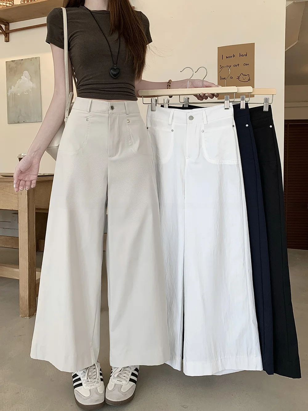 

High Waist Slimming Color Casual Pants Nine Points Women's Loose Versatile Wide Leg Pants Summer Straight Cut Trousers