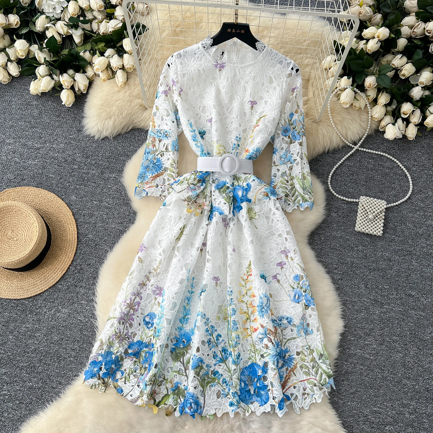 Elegant Stand Neck Vintage Long Sleeve Chic Hook Flower Hollow Lace Sashes Dresses French Evening High Street Autumn Clothing