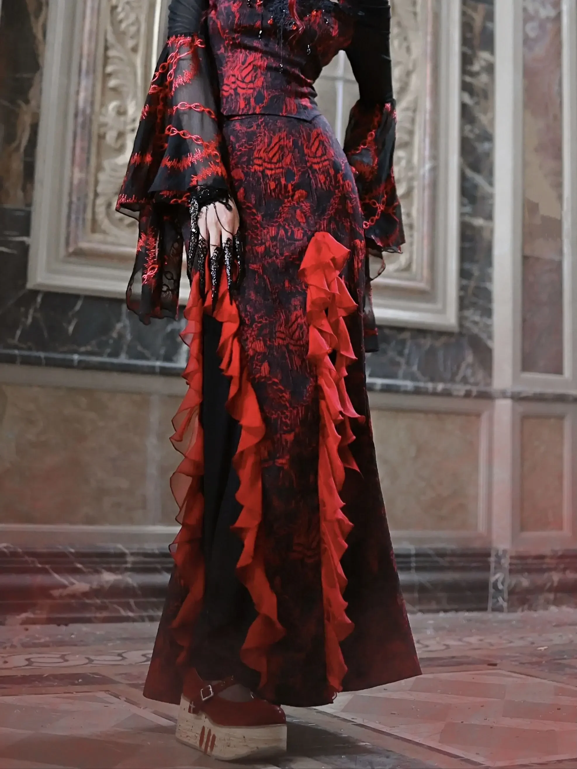 IMU Blood Supply Original Devil Gothic Rose Print Long Skirt Punk Girls X-long Chiffon Mesh Patch Trumpet Skirt Red Black Summer