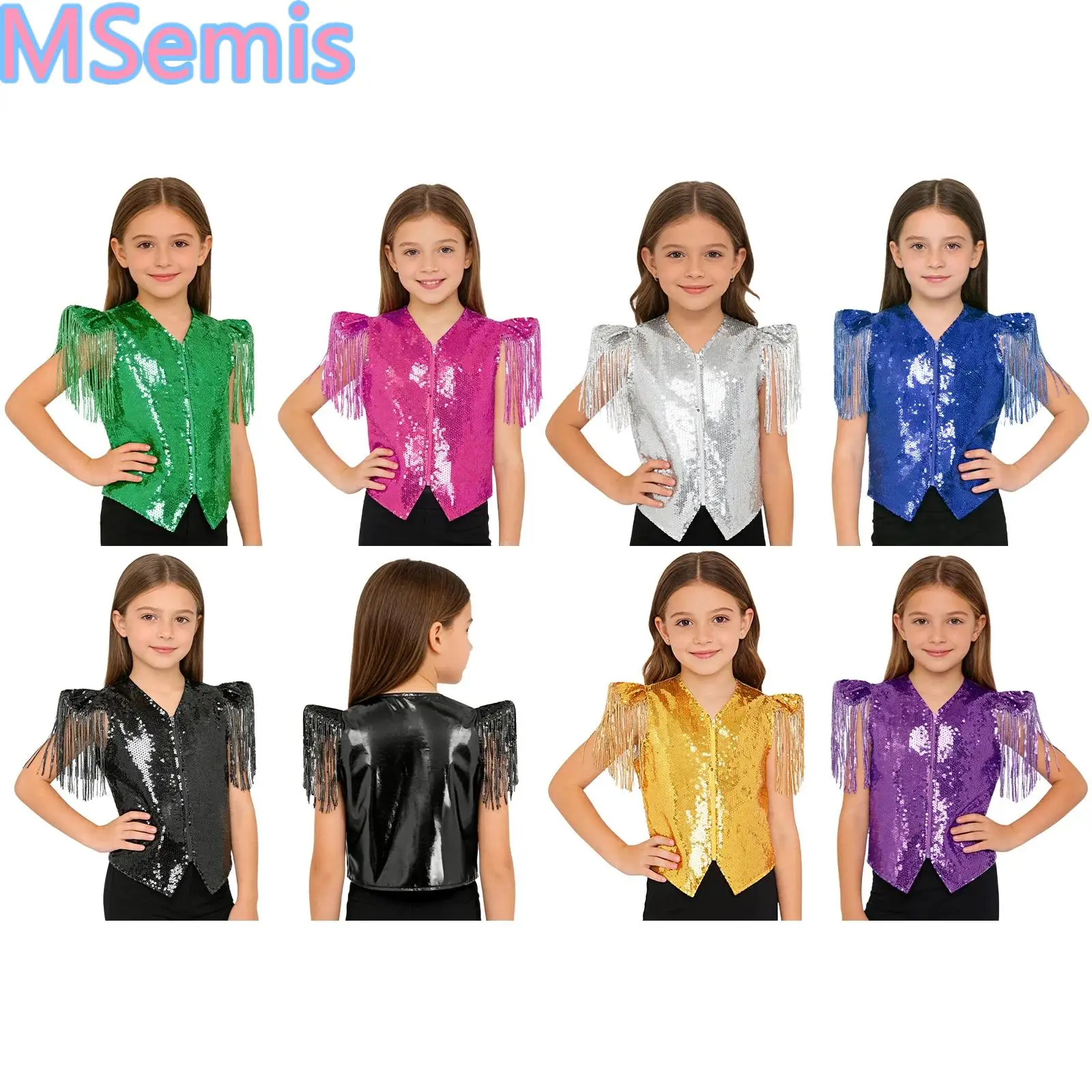 

Kids Boys Girls Sequin Metallic Vest Sequined Tassels Cap Sleeves V Neckline Zipper Waistcoat Stage Performance Dancewear