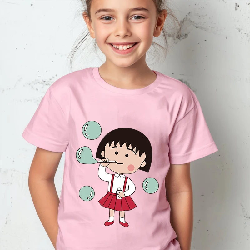 

Chibi Maruko-chan printed kids T-shirt Summer children's cotton short-sleeved pink casual tops suitable for boys and girls