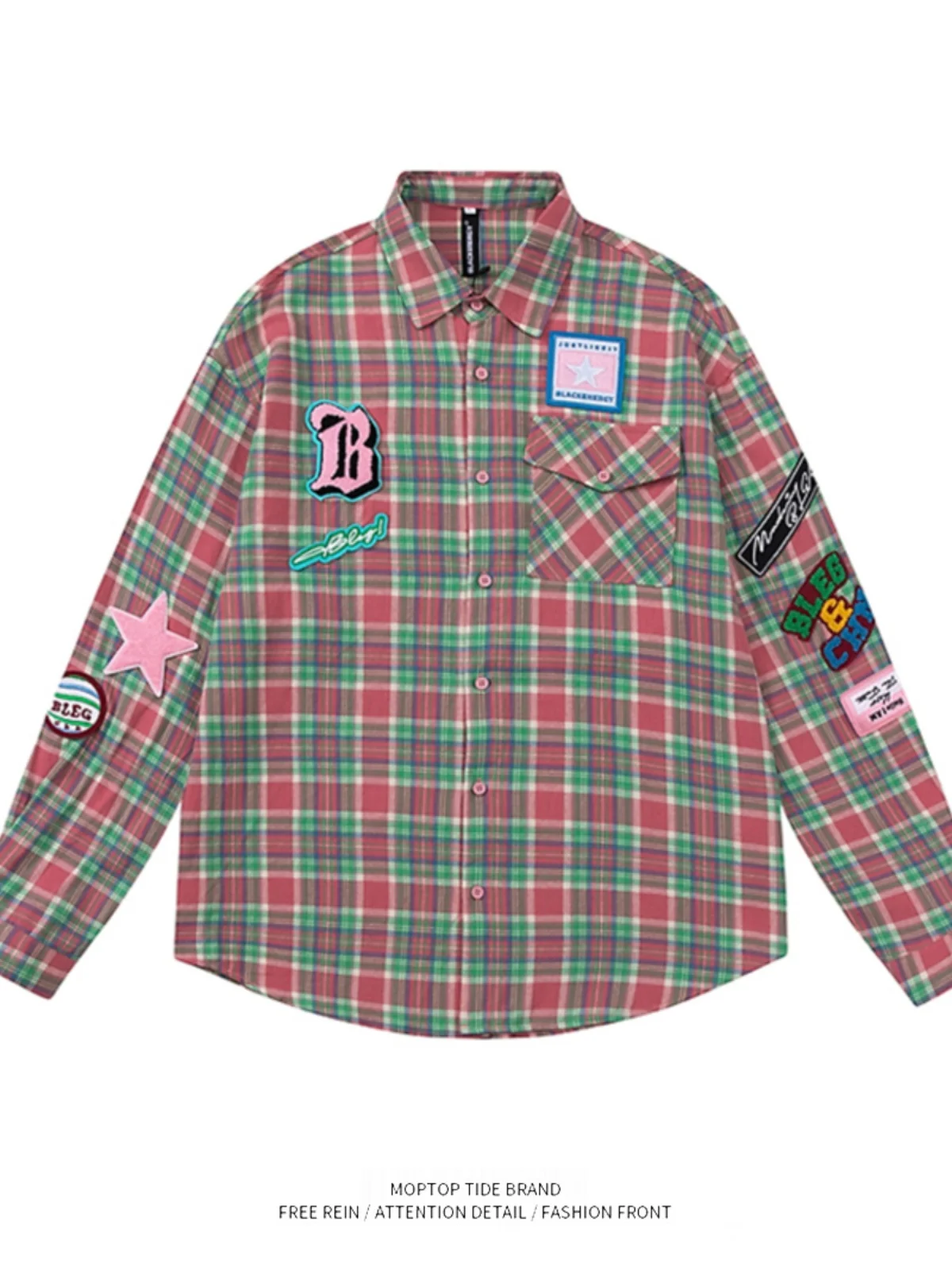 

Mr. WH American Retro Long Sleeve Shirt with Towel Embroidery Loose Unisex Plaid Casual Shirt for Youth All Seasons Polyester...