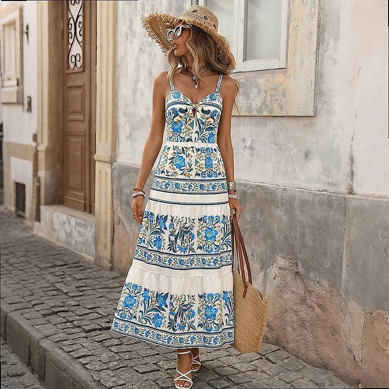 Bohemian Maxi Dress Spring Summer Sleeveless Floral Print Beach Vacation Dresses Women Casual Sundress