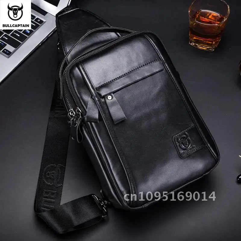 BULLCAPTAIN Genuine Leather Men's Chest Bag Multi Function Bag Fashion Accommodate Crossbody 7.9 Inch Men's Can Bag IPai Pocket