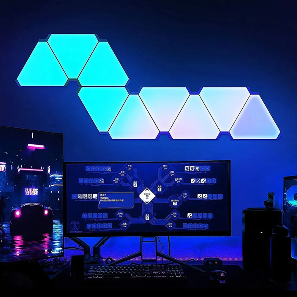 lampada de parede quantum triangular led ritmo captador inteligente luz de fundo do quarto luz de cabeceira noite decoracao do escritorio rgb 01