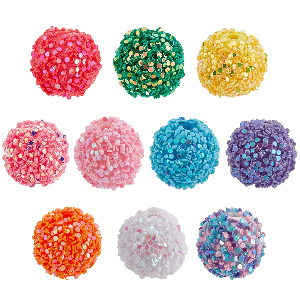 60 Pcs 10 Colors Glitter Focal Beads 16mm Round Acrylic Beads with Sequin Glitter Sugar Bubblegum Spacer Bulk Beads for Jewelry