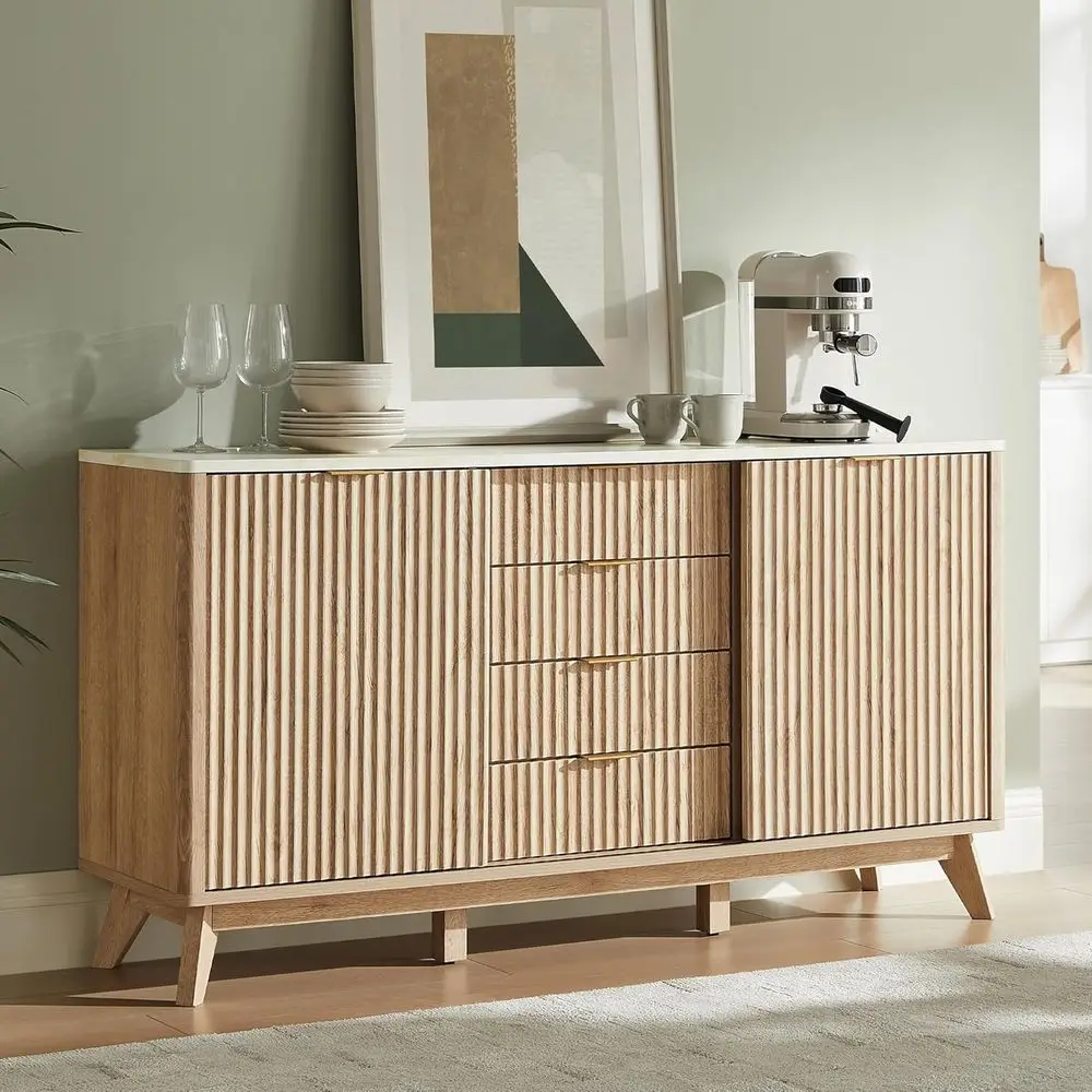 

60 Natural Oak Sideboard with Sliding Doors, 4 Drawers, Coffee Bar Table, Marble Top, Curved Design for Dining or Living Room