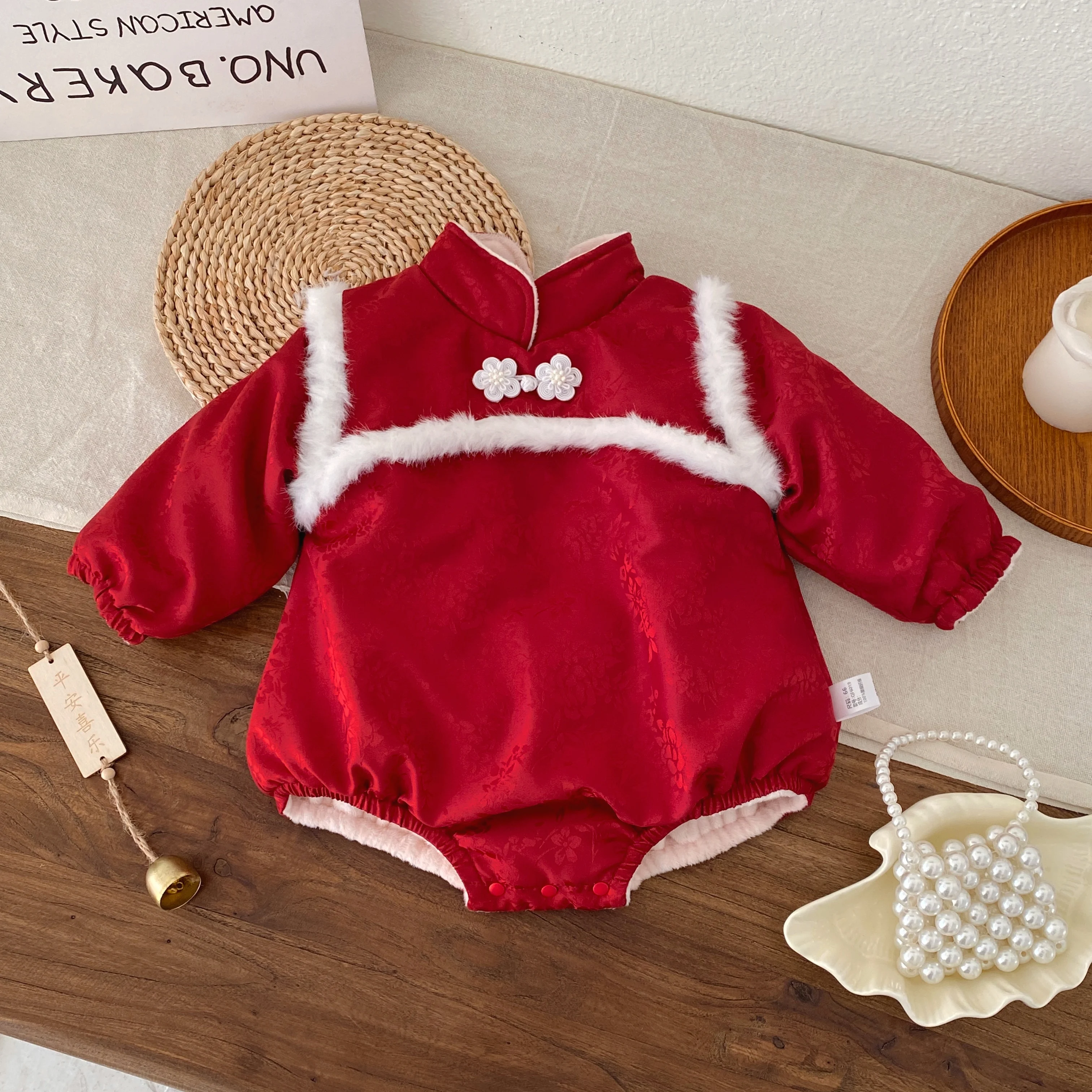 ملابس تهنئة للعام الجديد للفتيات الصغيرات، بذلة مثلثة منفوشة بأكمام طويلة على الطراز الصيني مع أزرار، لحديثي الولادة C #4