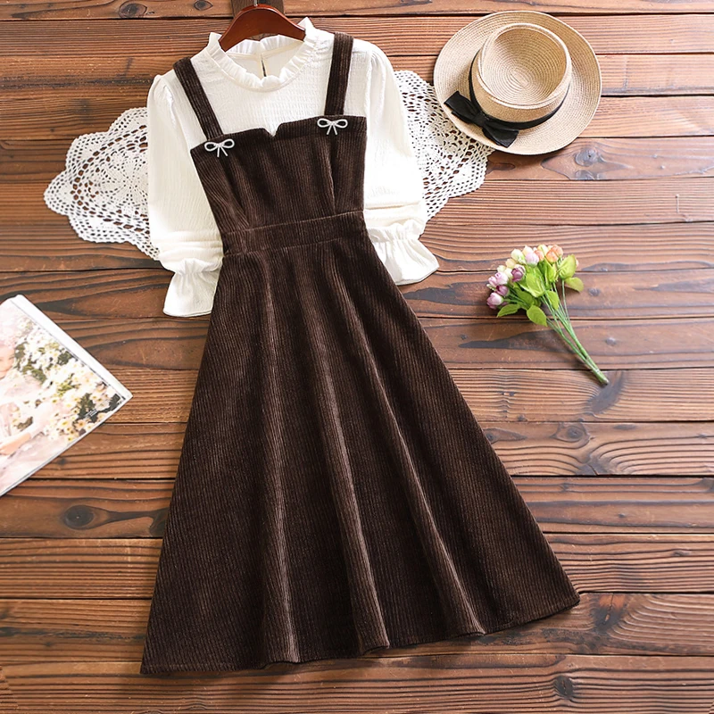 New winter fashion long sleeve women sweet vestidos Mori girl elegant corduroy dress