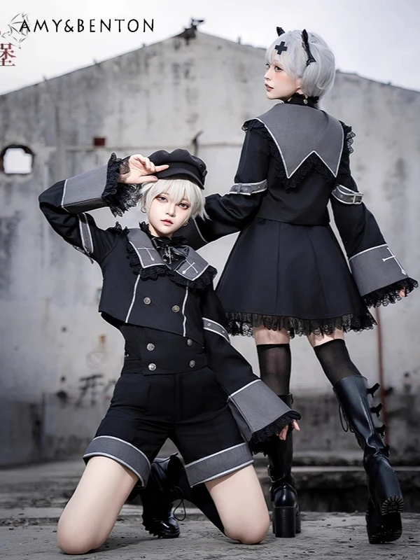 Japoński Vintage Dworski Styl Lolita Seria Książęca Kołnierz Marynarski Płaszcz Koszula Szorty Sukienka Codzienna Subkultura Gotyckie Zestawy Cosplay